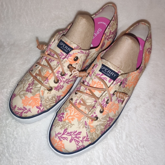 Sperry Shoes - Sperry Top-Sider Slip-On Shoes Coral Reef Print Tan Purple Orange Women's 10